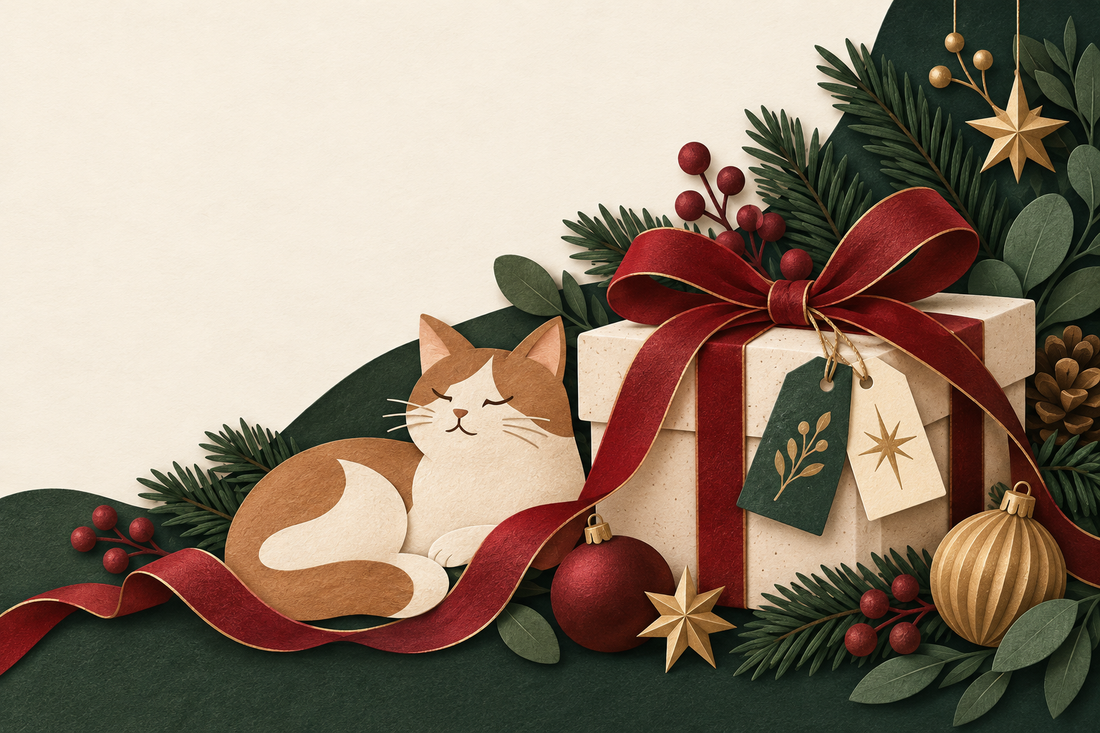 Christmas gift illustration with a cat, wrapped present, pine branches and gold stars