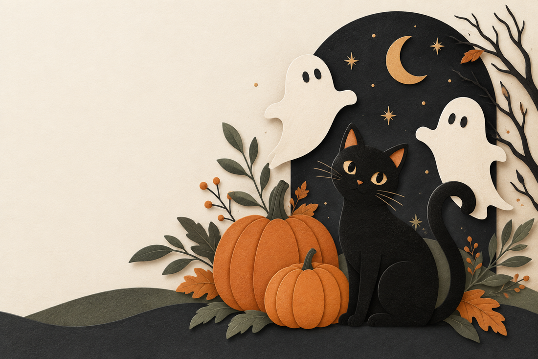 Halloween illustration with a black cat, pumpkins, friendly ghosts and a crescent moon