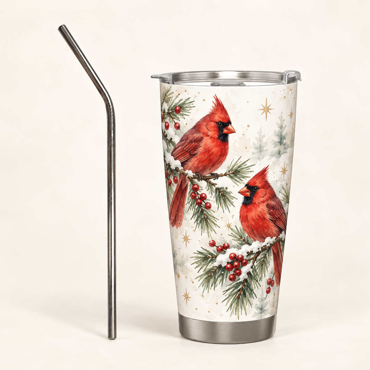 Custom Christmas Travel Tumbler – Winter Cardinals or Your Design, 20 oz