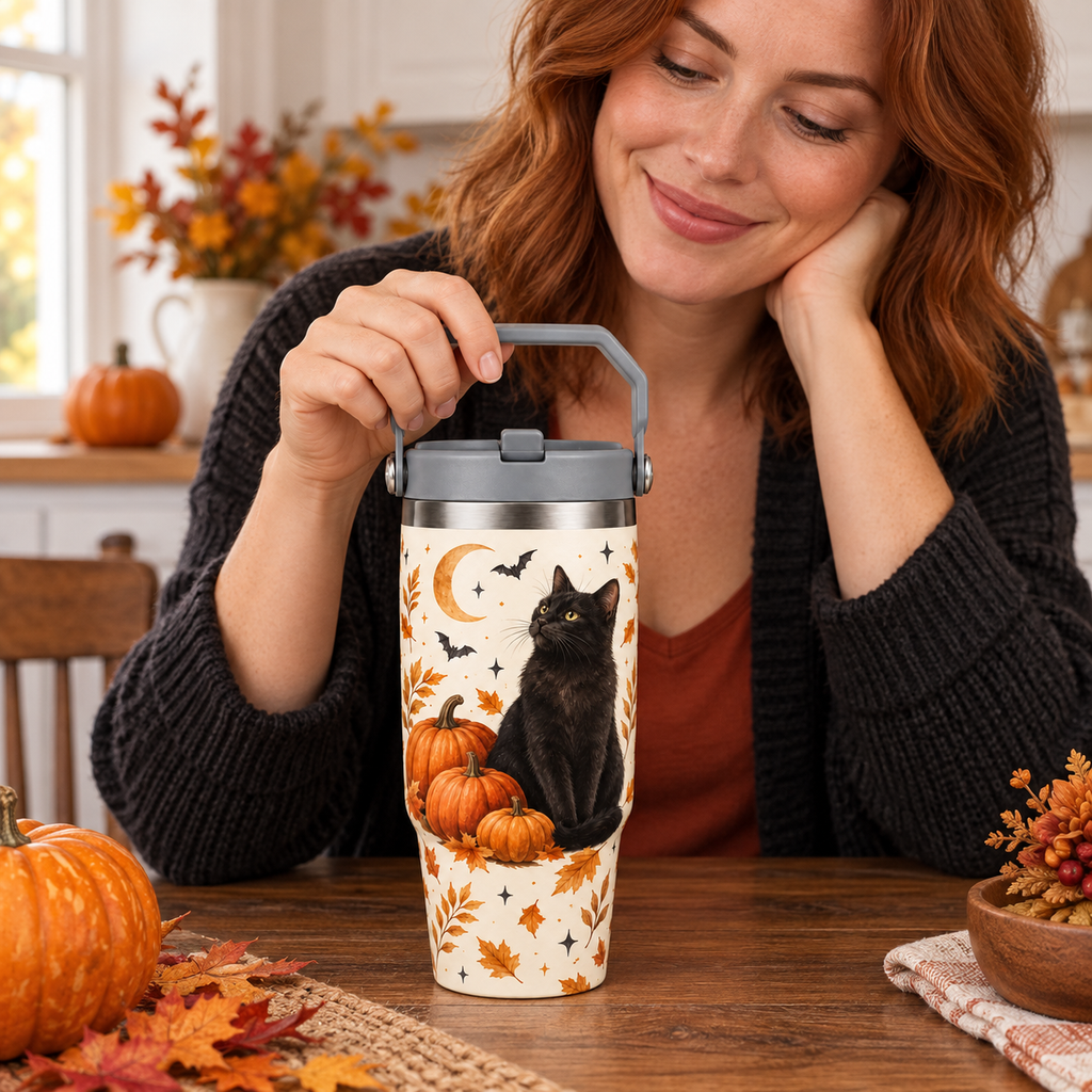 Custom Halloween Carry-Handle Tumbler – Black Cat or Your Design, 30 oz