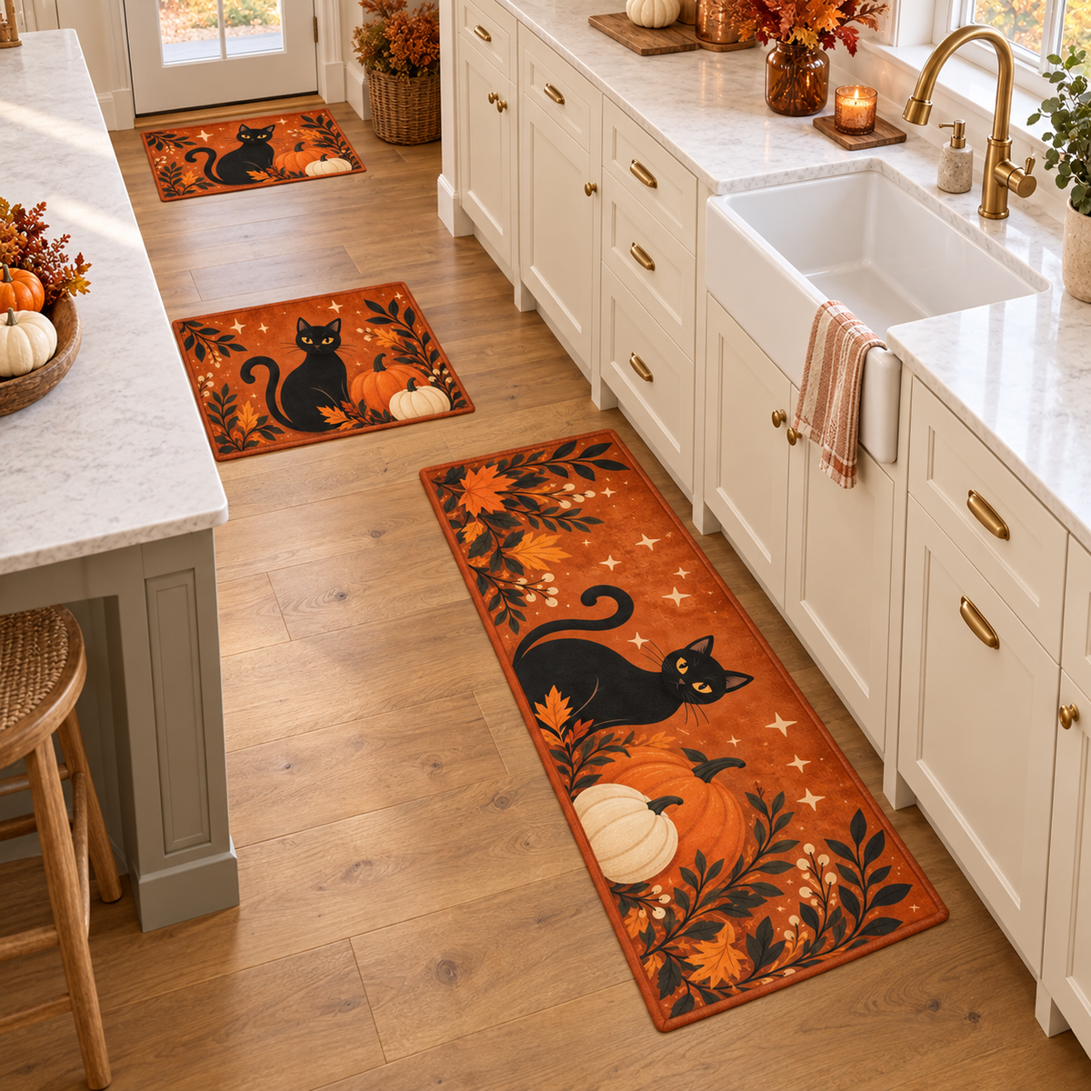 Custom Halloween Kitchen Mat Set – Black Cat or Your Design, 3 Pieces