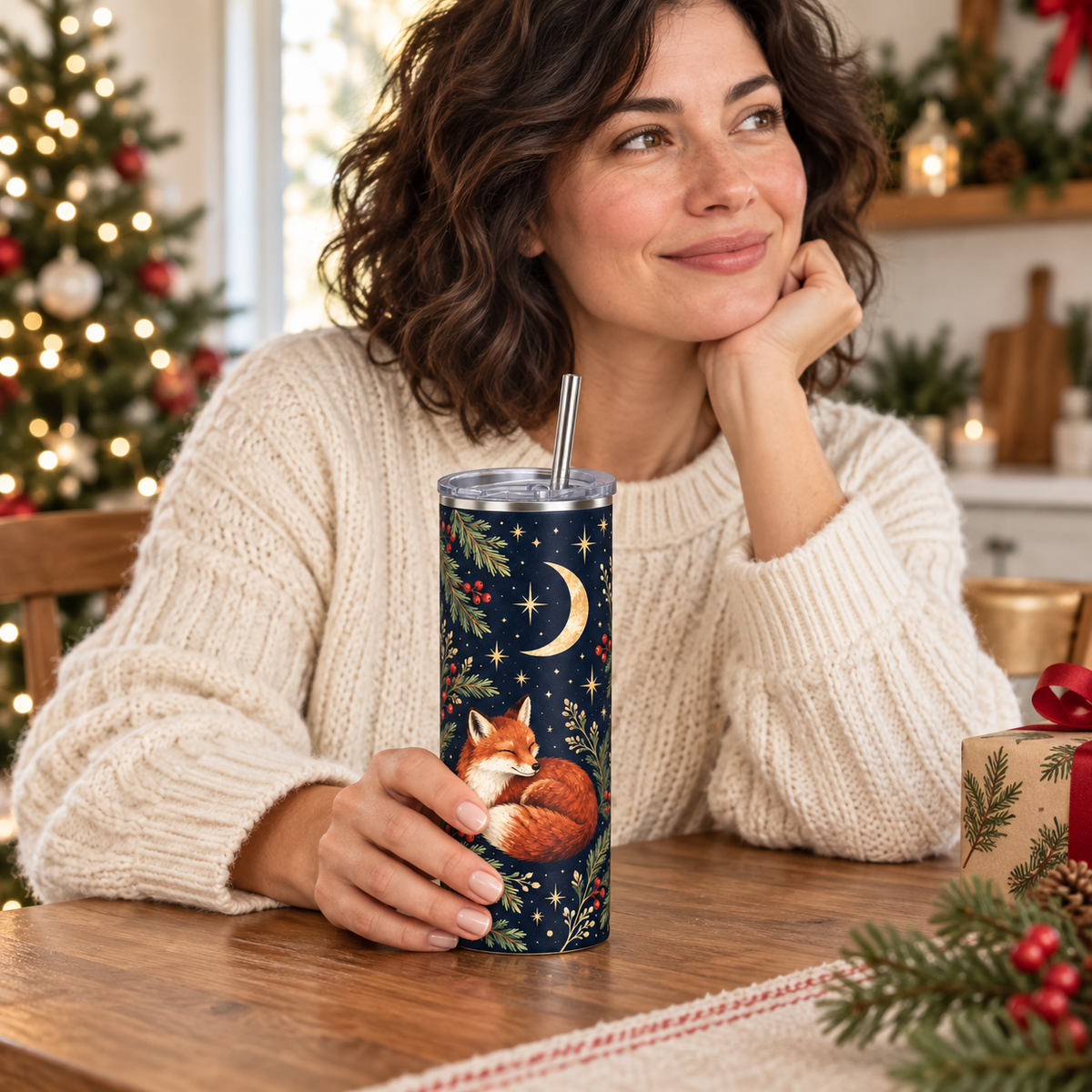 Custom Christmas Tumbler – Woodland Fox or Your Design, 20 oz