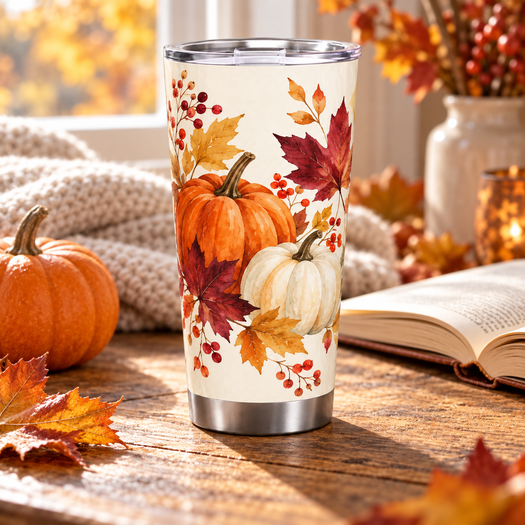Custom Fall Pumpkin Travel Tumbler – Autumn Harvest or Your Design, 20 oz