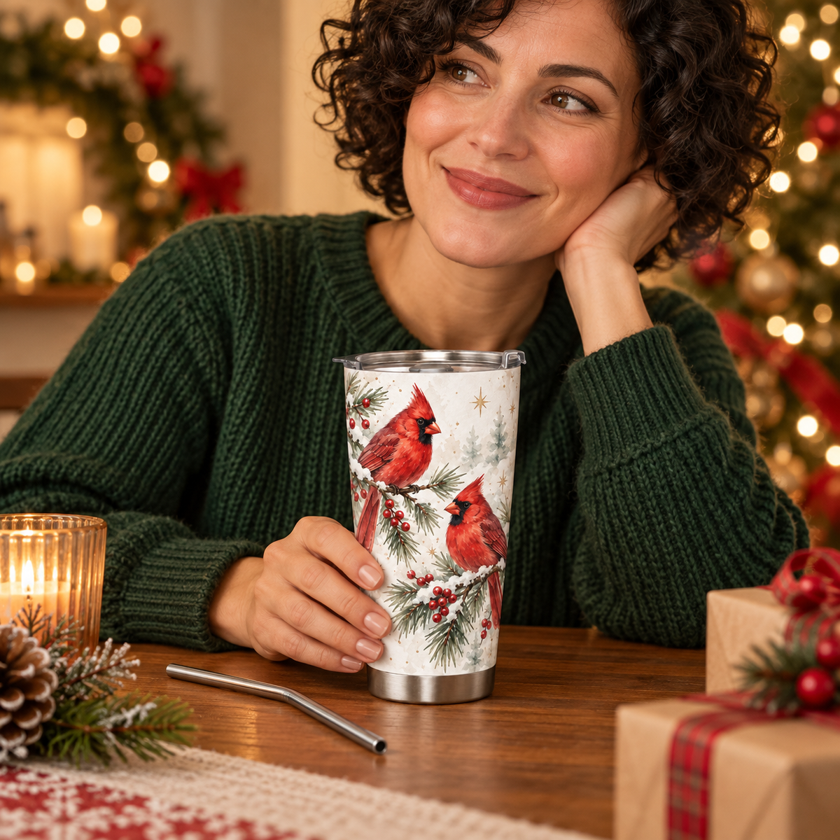 Custom Christmas Travel Tumbler – Winter Cardinals or Your Design, 20 oz