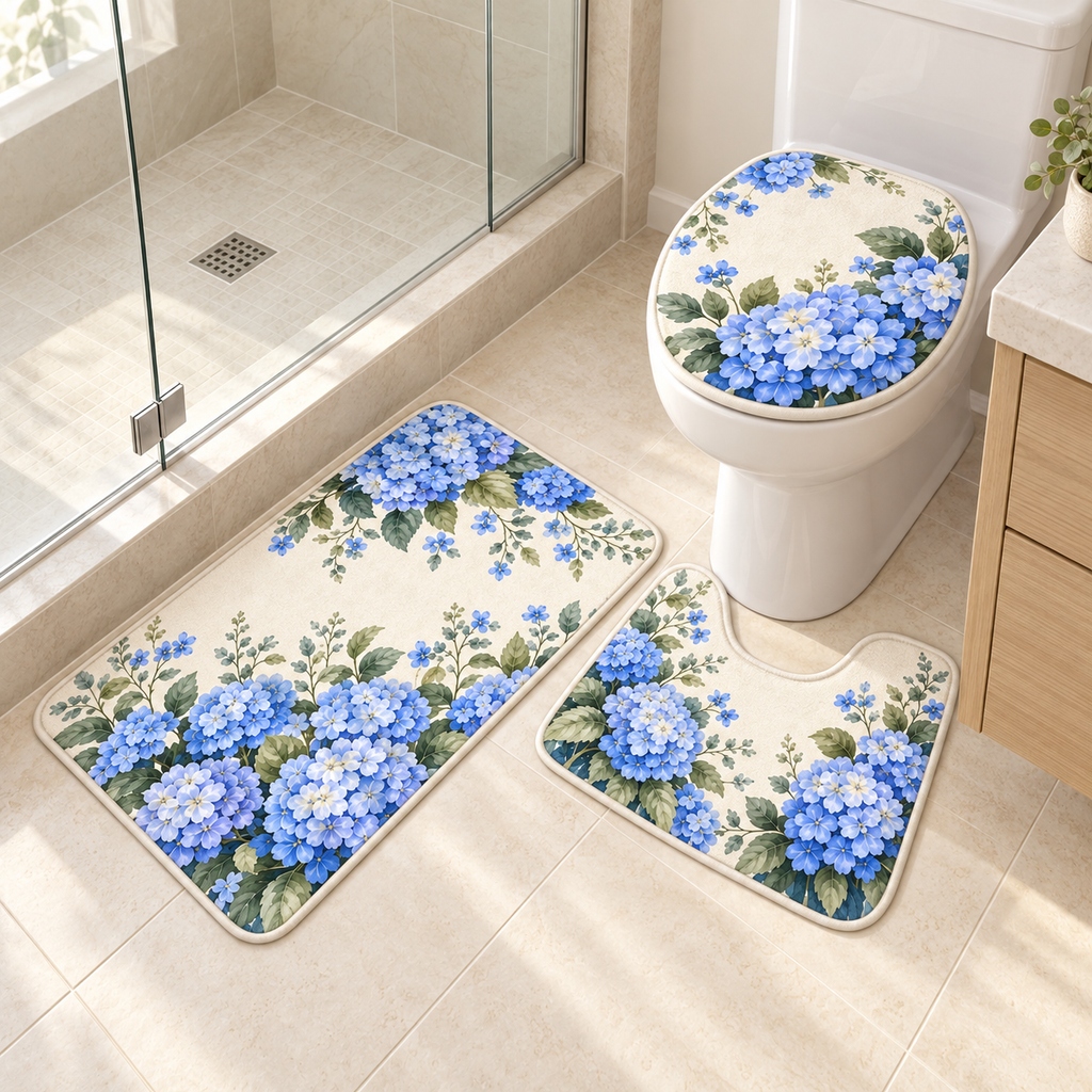 Custom Blue Hydrangea 3-Piece Bathroom Mat Set – Your Design