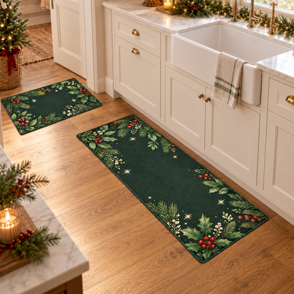 Custom Christmas Kitchen Mat Set – Evergreen or Your Design, 2 Pieces