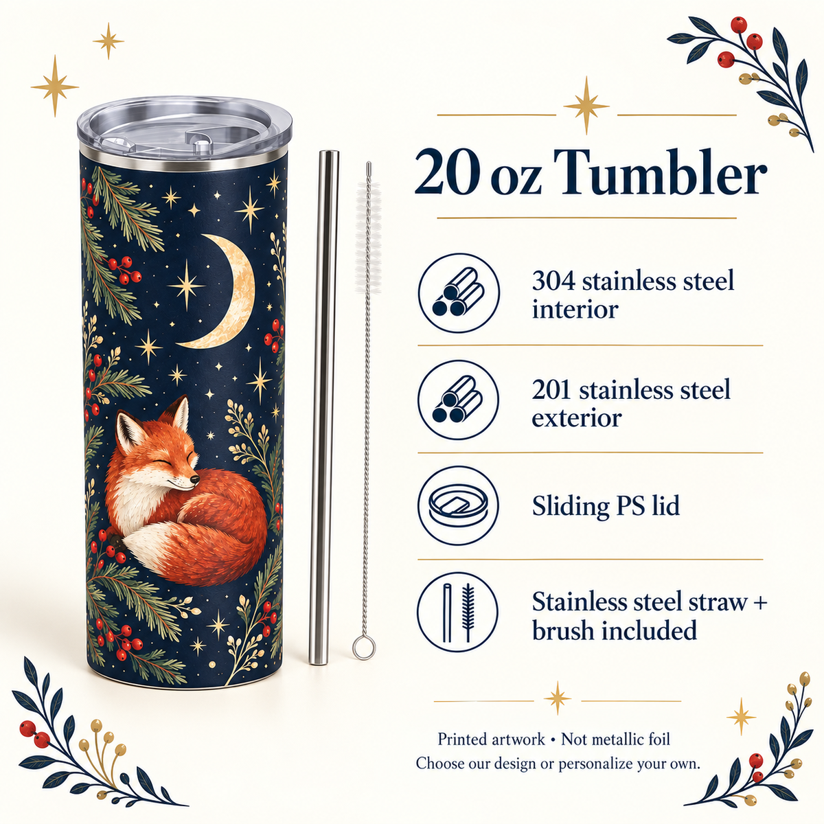 Custom Christmas Tumbler – Woodland Fox or Your Design, 20 oz