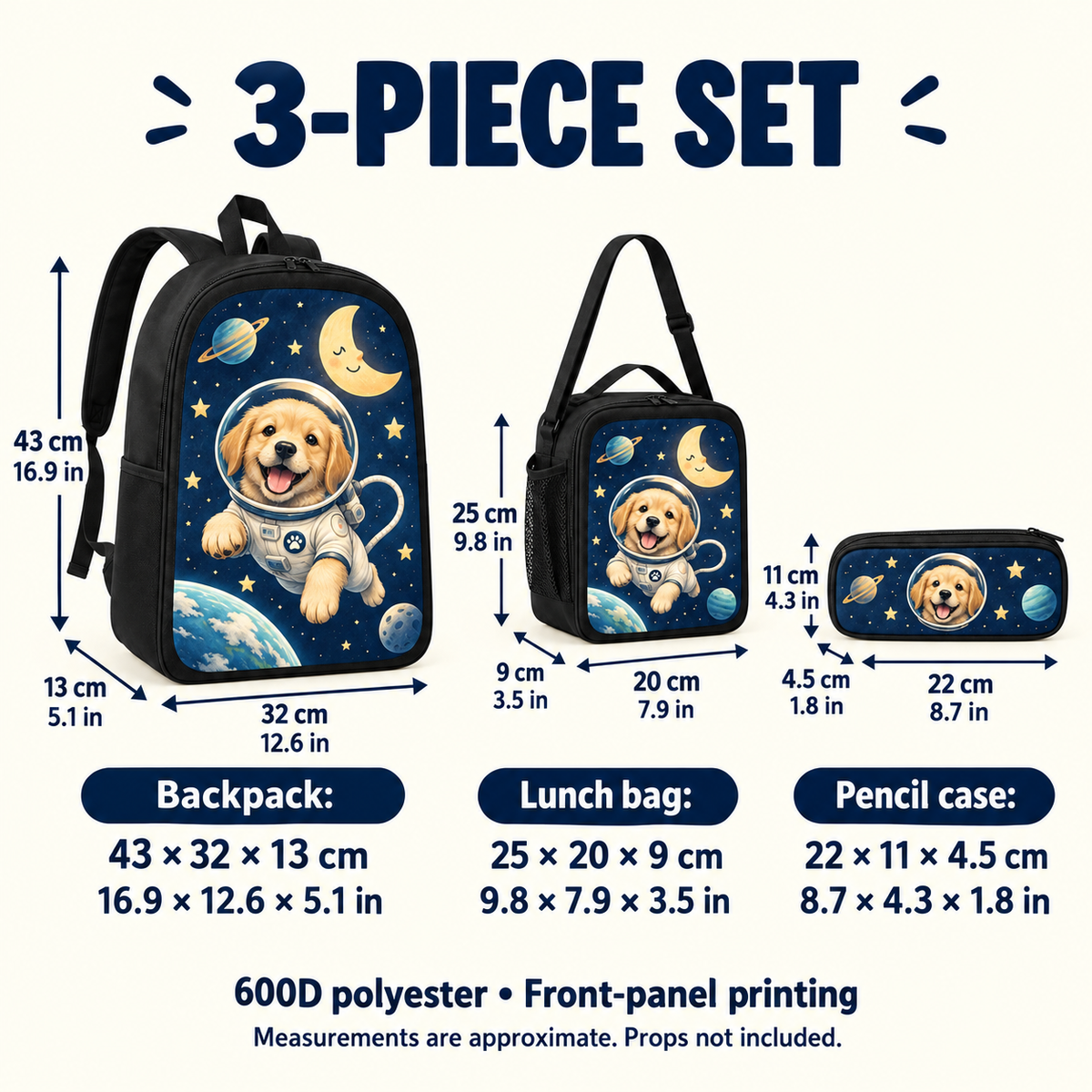 Custom Space Puppy School Bag Set – Backpack, Lunch Bag & Pencil Case