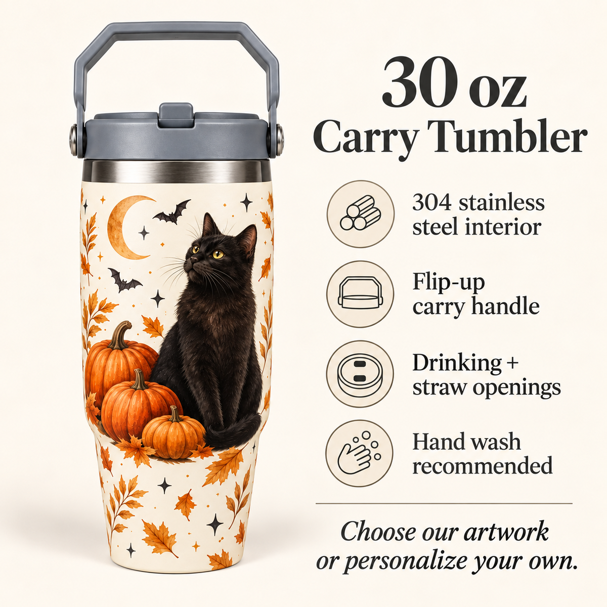 Custom Halloween Carry-Handle Tumbler – Black Cat or Your Design, 30 oz