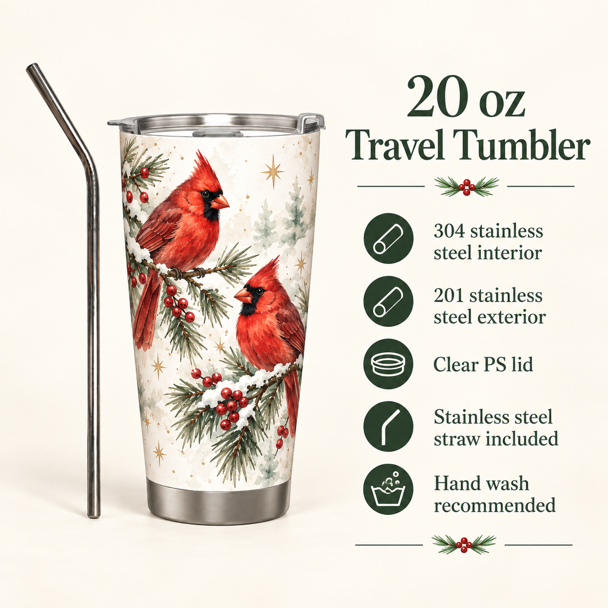 Custom Christmas Travel Tumbler – Winter Cardinals or Your Design, 20 oz
