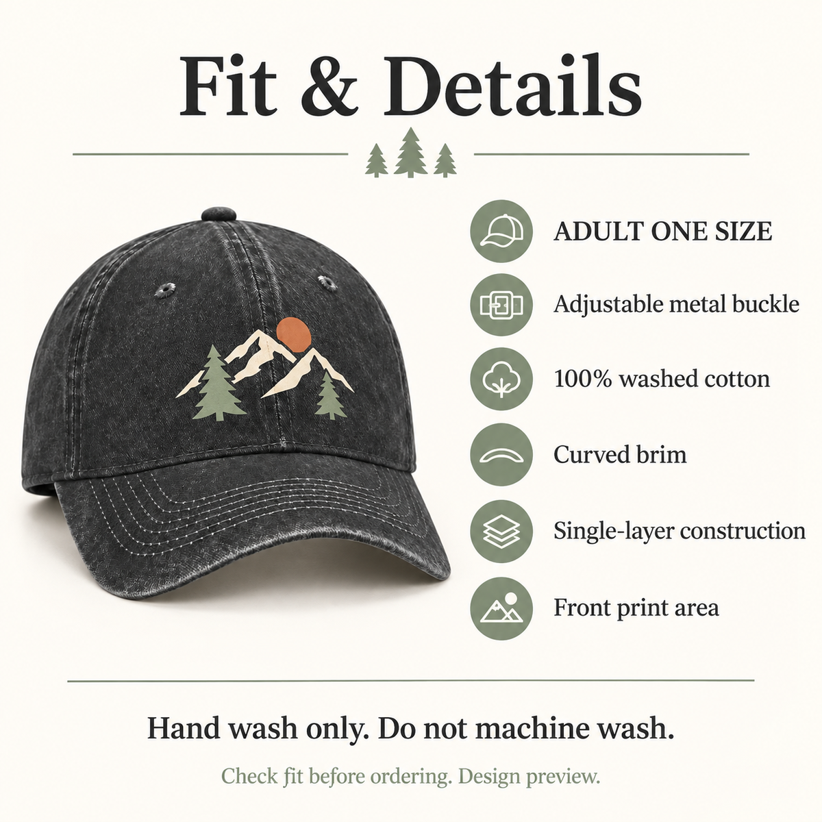 Custom Washed Cotton Baseball Cap – Mountain or Your Design