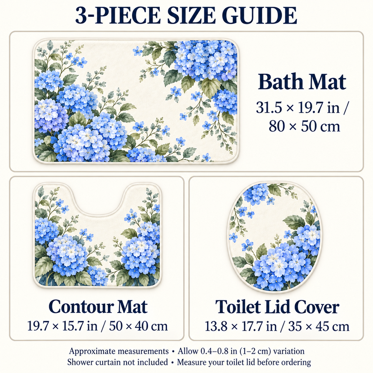 Custom Blue Hydrangea 3-Piece Bathroom Mat Set – Your Design