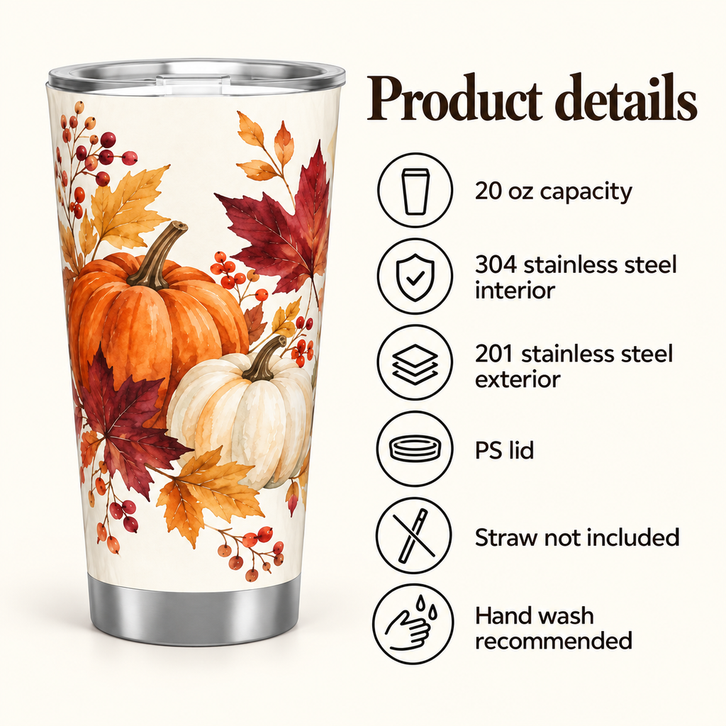 Custom Fall Pumpkin Travel Tumbler – Autumn Harvest or Your Design, 20 oz