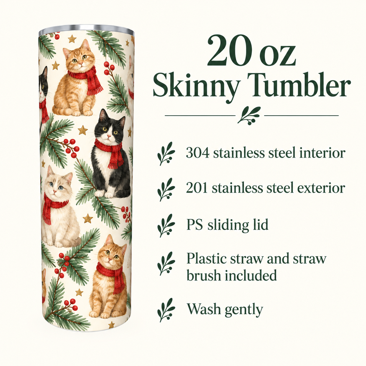 Custom Christmas Cat Tumbler – Festive Cats or Your Design, 20 oz