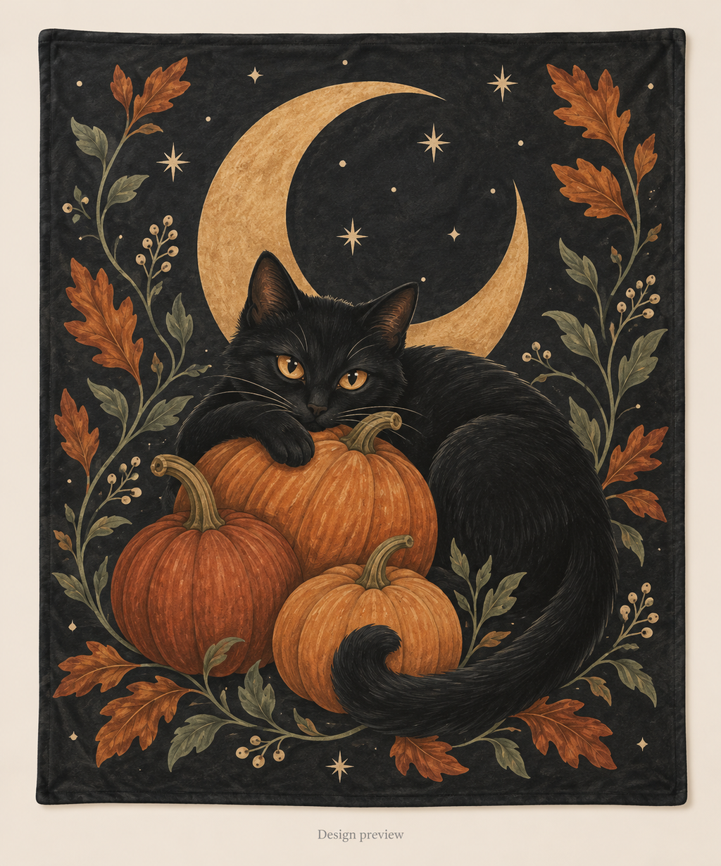 Halloween Black Cat & Pumpkin Flannel Blanket – Spooky & Cozy