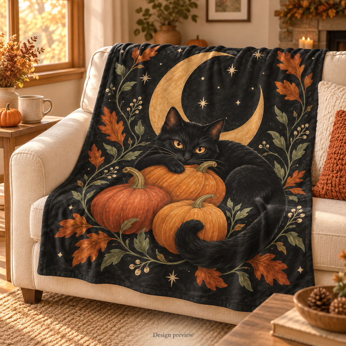 Halloween Black Cat & Pumpkin Flannel Blanket – Spooky & Cozy