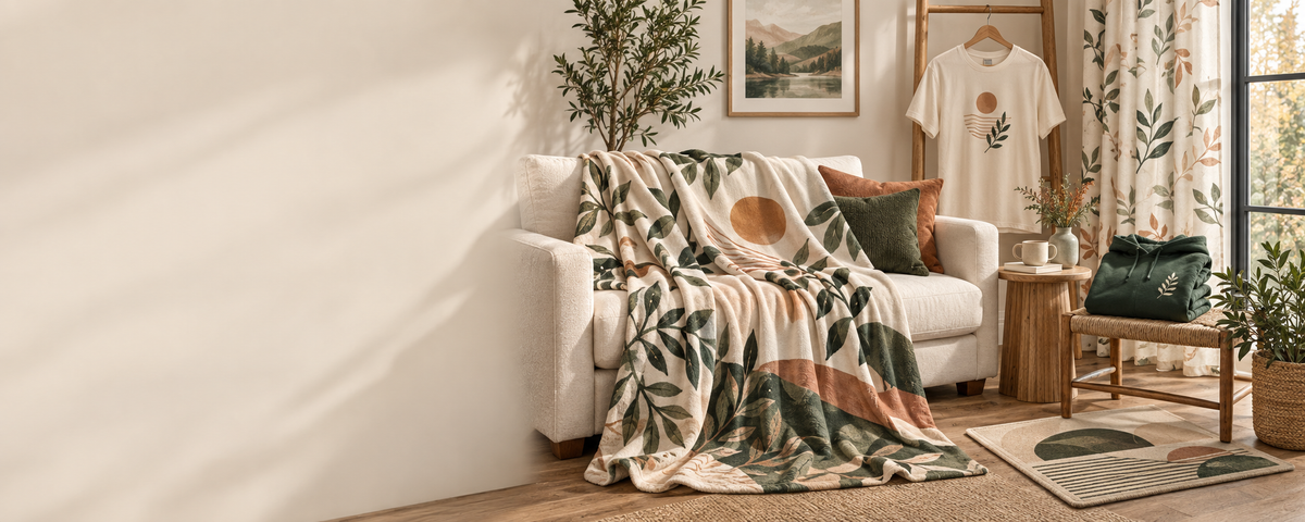 NESTVANE custom gift collection with a botanical blanket, T-shirt, hoodie, curtains and floor mat in a warm living room.