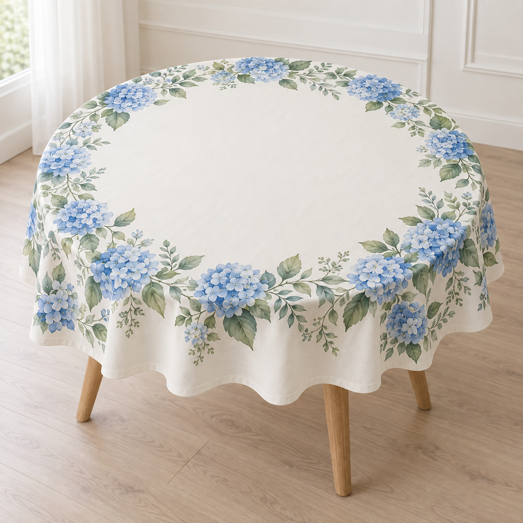 Custom Blue Hydrangea Round Tablecloth – Your Design, 60 in