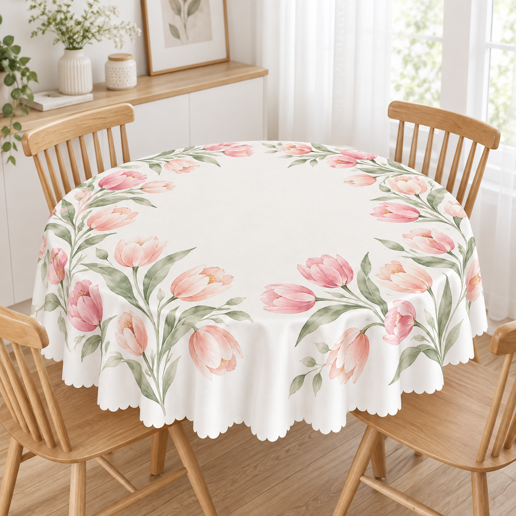 Custom Blush Tulip Scalloped Round Tablecloth – Your Design, 60 in