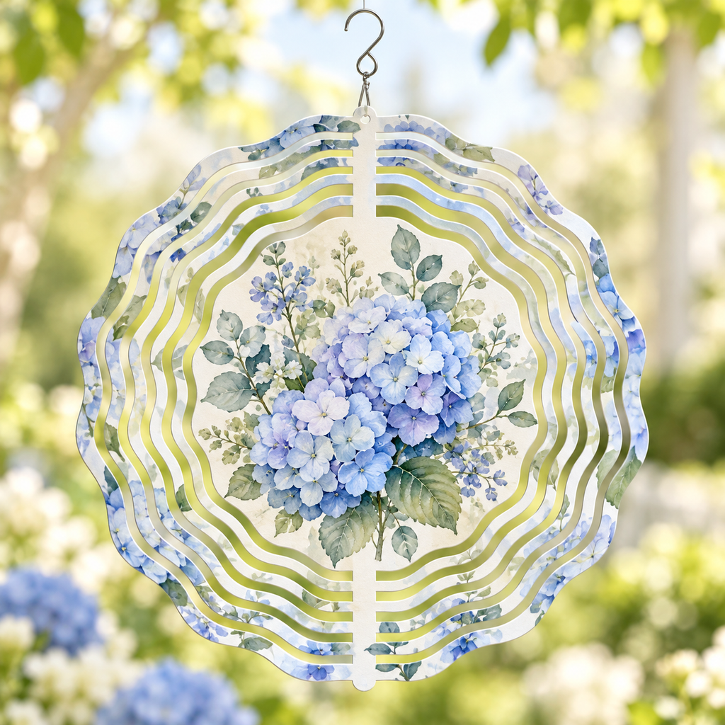 Custom Blue Hydrangea Metal Wind Spinner – Your Photo or Design, 25 cm