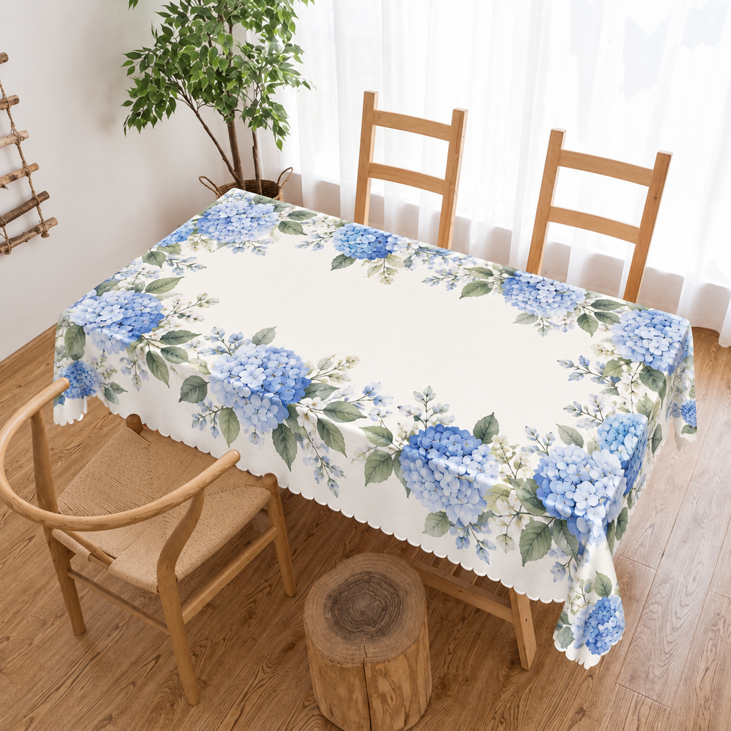 Custom Blue Hydrangea Scalloped Rectangular Tablecloth – Your Design