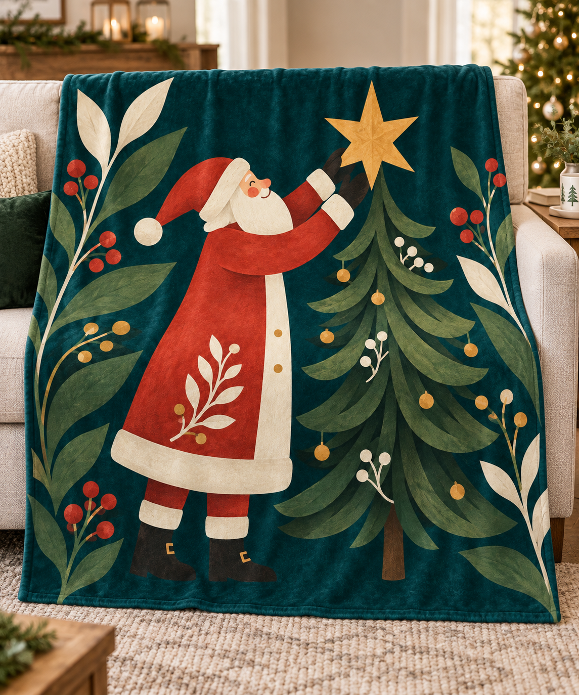 Santa & Golden Star Christmas Blanket
