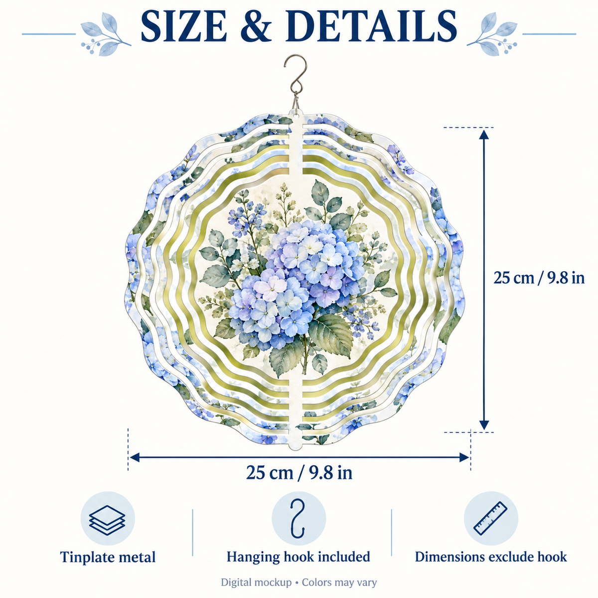 Custom Blue Hydrangea Metal Wind Spinner – Your Photo or Design, 25 cm
